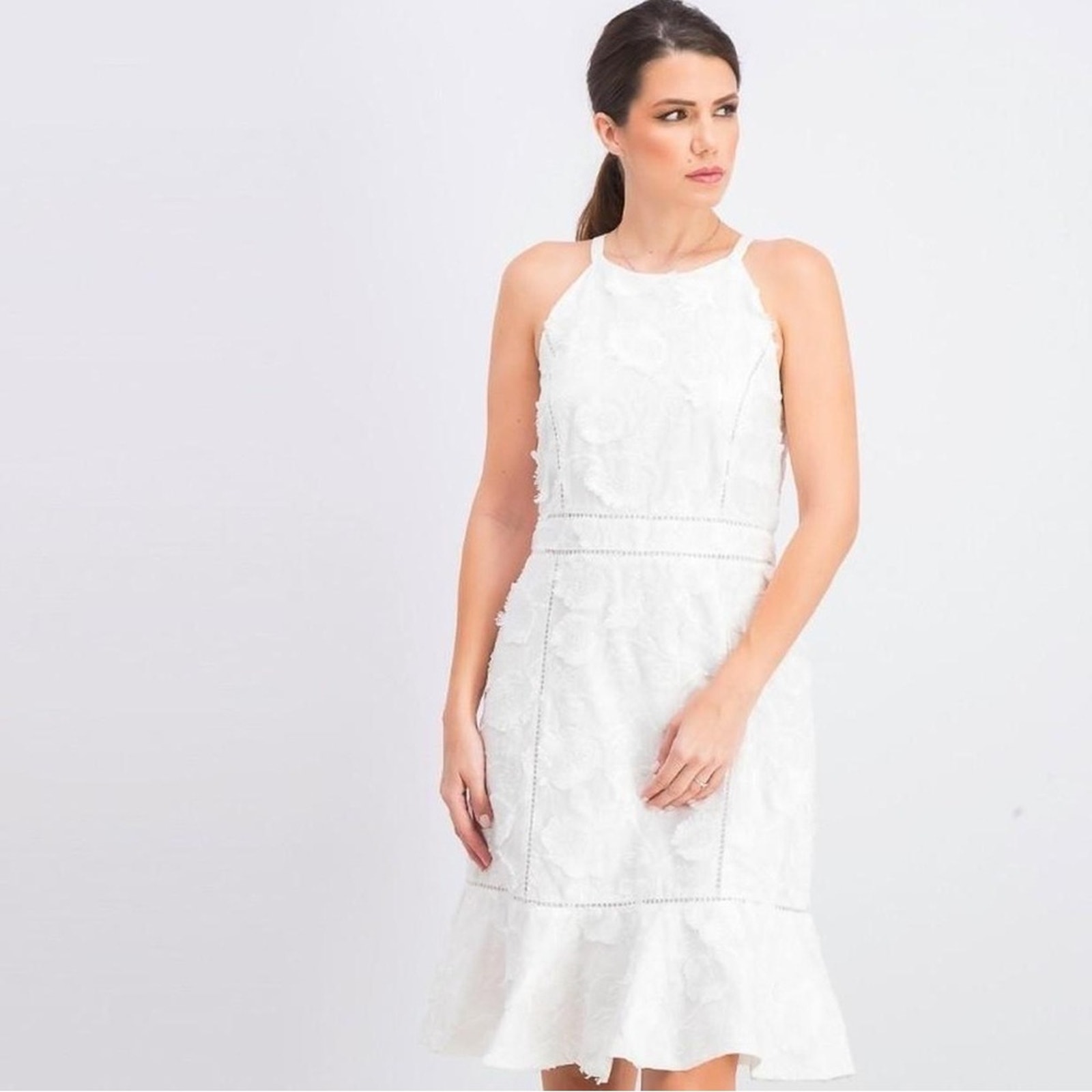 Inc International Concepts White Halter Neck Sheath Dress Floral Appliqu Sz 10